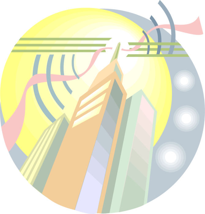 Vector Illustration of Skyscrapers Transmitting Radio Wave Communication