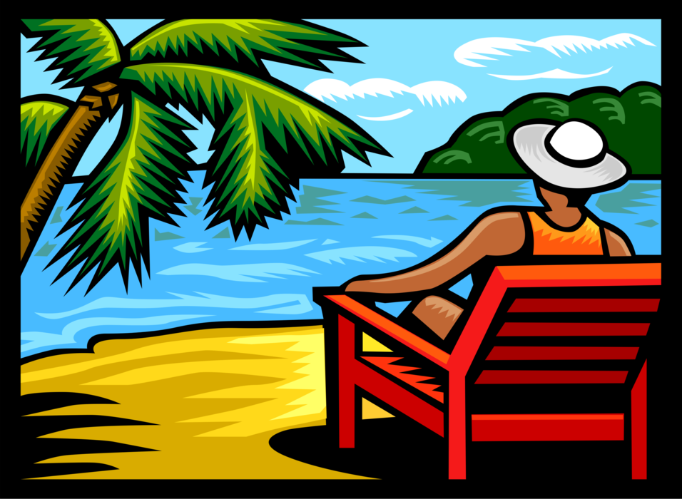Vector Illustration of Relaxing in Lounge Chair on Tropical Beach with Palm Tree