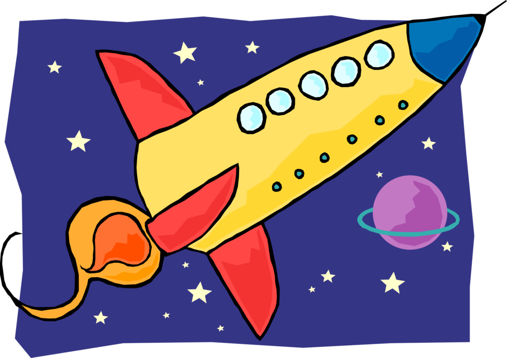 Vector Illustration of Rocketship or Rocket Ship in Outer Space with Planet and Stars