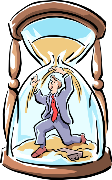 Vector Illustration of Businessman in Hourglass Tries to Stop Time