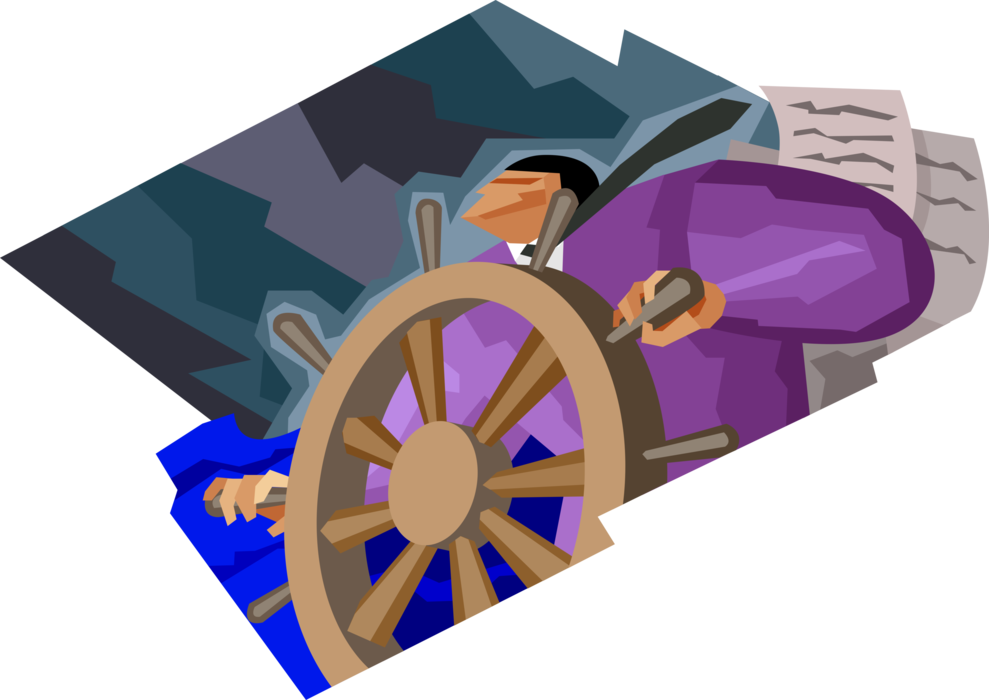 Vector Illustration of Businessman at Helm Steering with Ship's Helm Wheel
