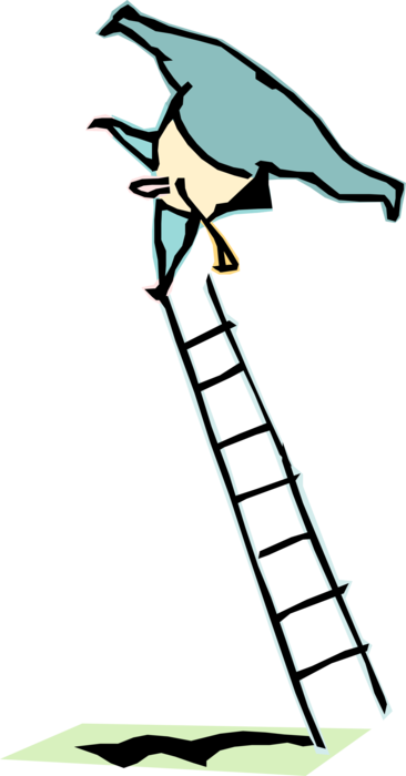 Vector Illustration of Businessman Balances on Top of Ladder for Climbing and Reaching 
