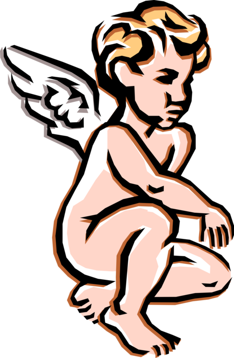 Vector Illustration of Angelic Spiritual Cherub Angel with Wings Sits and Ponders