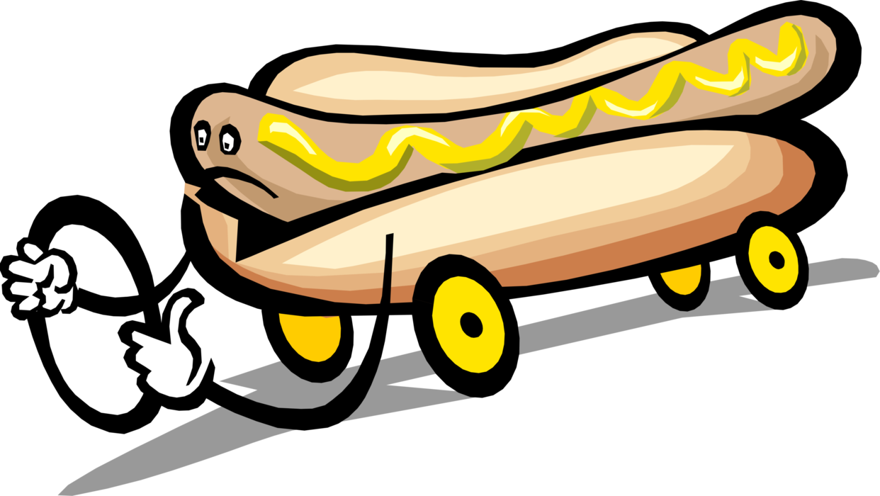 Vector Illustration of Anthropomorphic Cooked Hot Dog or Hotdog Frankfurter Sausage Street Food on Bun