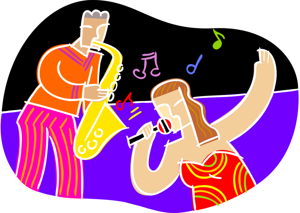 Vector Illustration of Saxophone Musician and Singer Perform in Nightclub