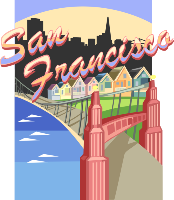 Vector Illustration of San Francisco with Golden Gate Bridge and City Skyline