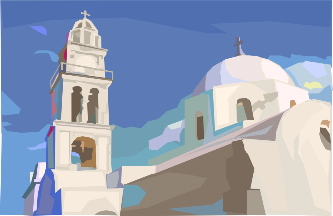 Vector Illustration of Greek Tourism in Cyclades Island of Santorini in Aegean Sea Church Bell Tower