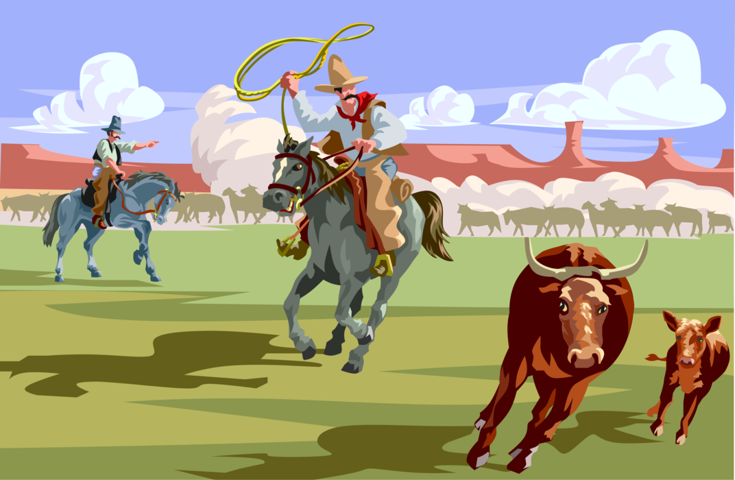 Vector Illustration of Western Cowboy Roping Steers on Cattle Drive Driving Herd to New Location 