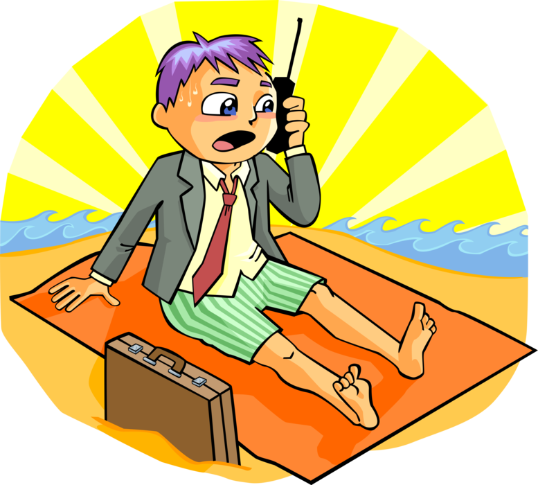 Vector Illustration of Businessman on Vacation at the Beach with Phone and Briefcase