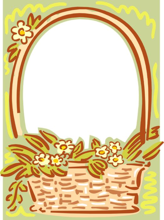Vector Illustration of Wicker Basket of Summer Flowers Frame Border
