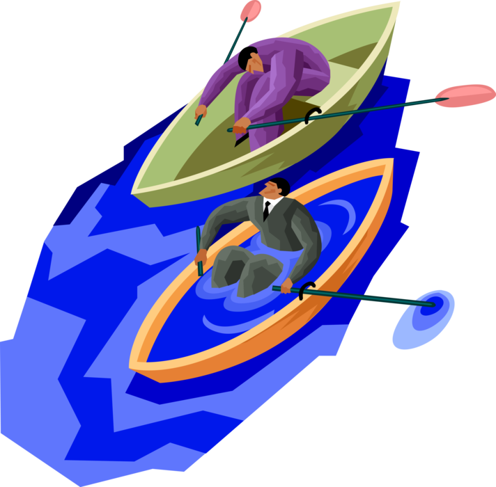 Vector Illustration of Businessmen in Competitive Boat Race - One is Sinking Fast