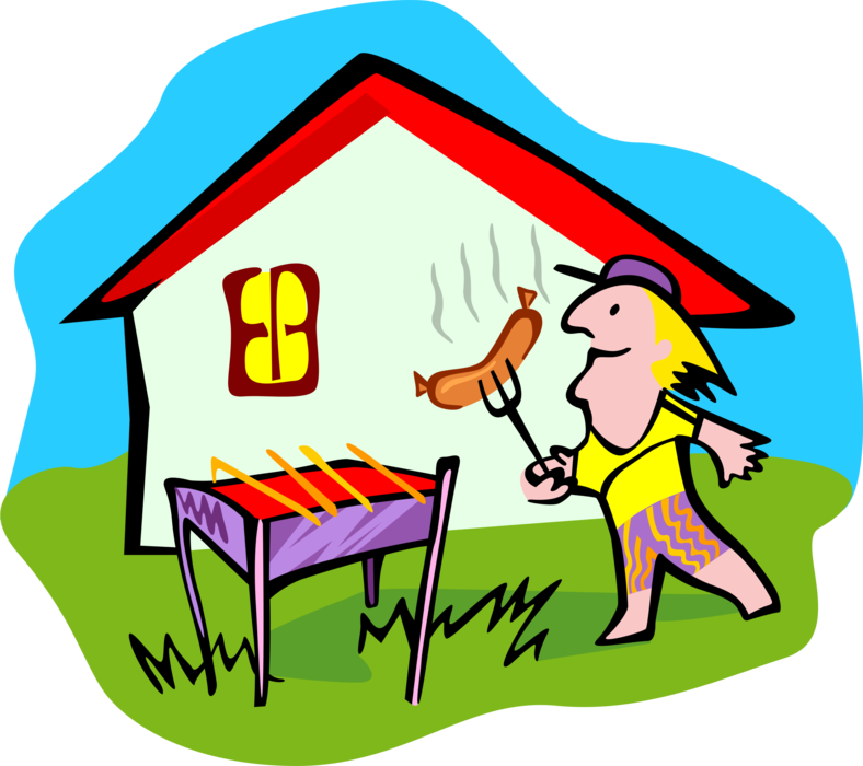 Vector Illustration of Outdoor Chef Cooks Hotdog on Barbecue, Barbeque or BBQ Outdoor Cooking Grill 