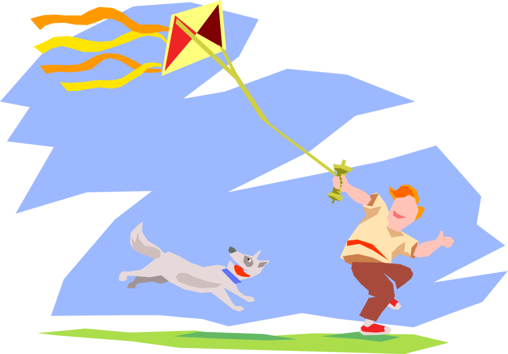 Vector Illustration of Boy Flying Kite with His Pet Dog