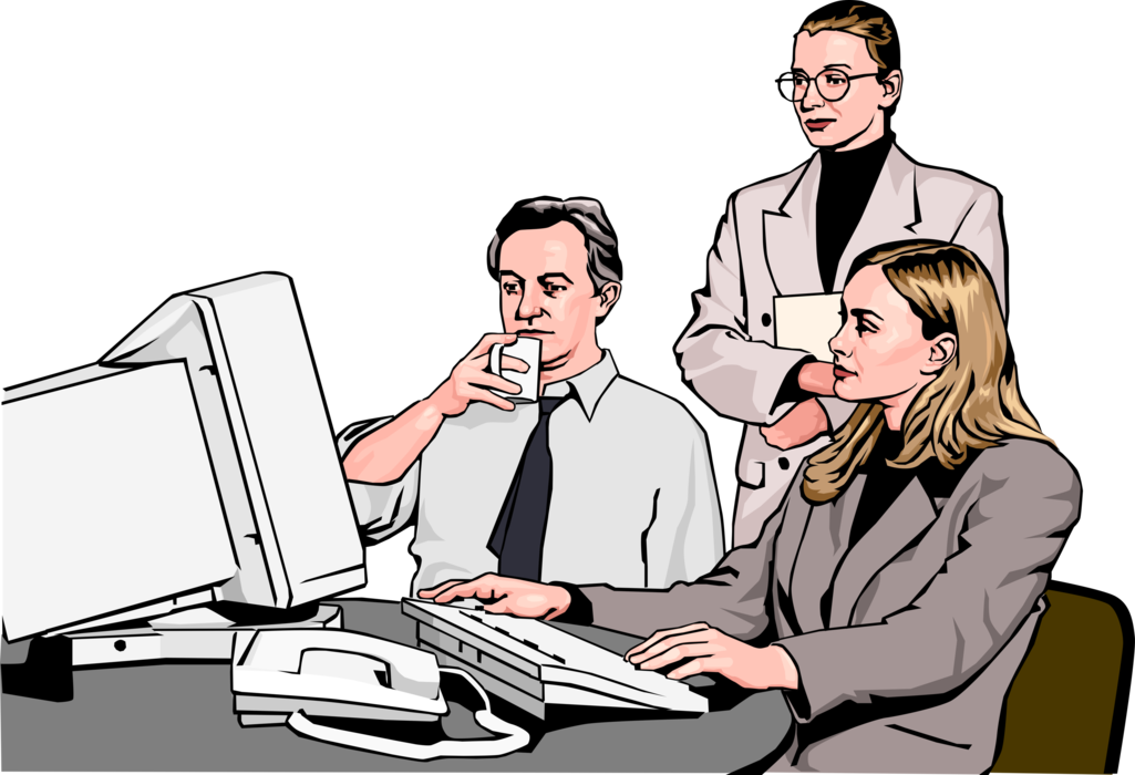 Vector Illustration of Business Team at Computer Have Discussion