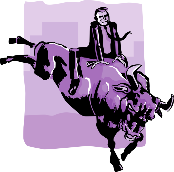 Vector Illustration of Businessman Riding Bull Market on Wall Street Stock Exchange