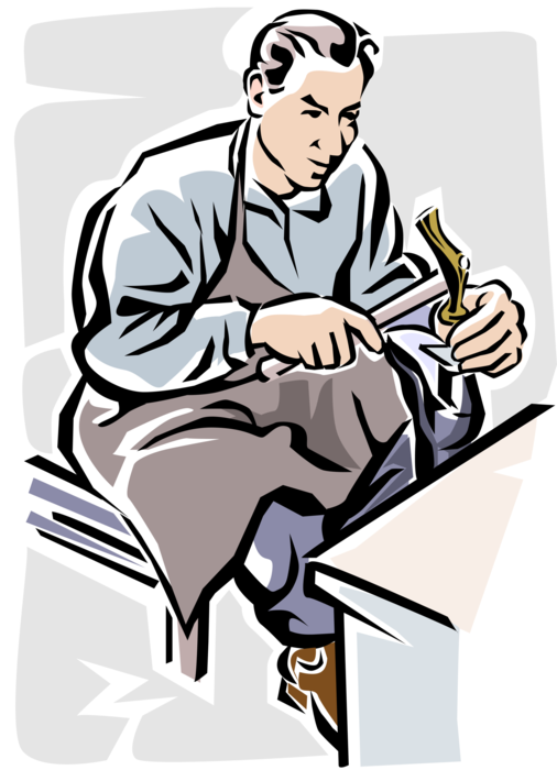 Vector Illustration of Shoe Repair Cobbler Shoemaker Replaces Footwear Heel with Hammer