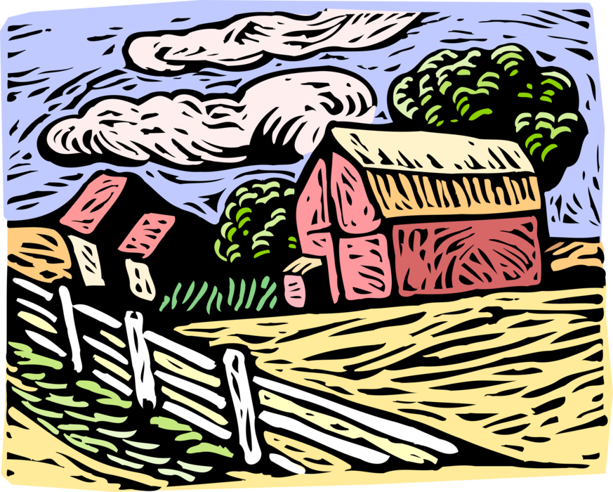 Vector Illustration of Farm Landscape with Fields and Barn