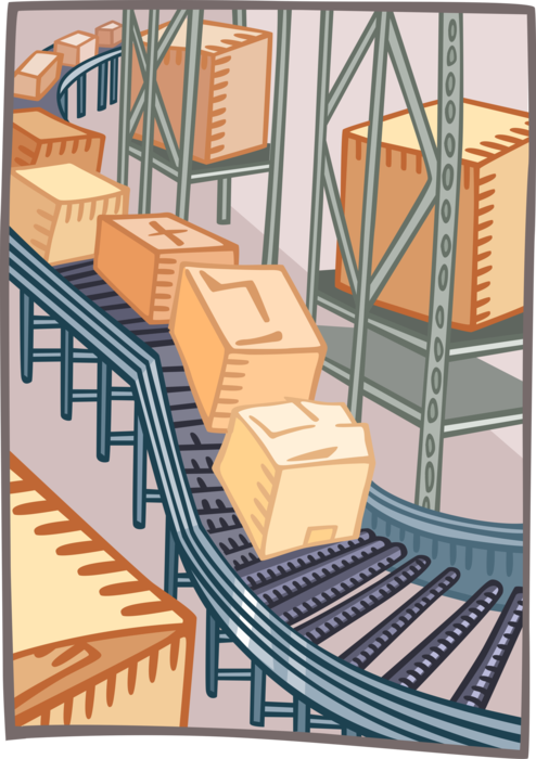 Vector Illustration of Industrial Factory Manufacturing Process Assembly Line Packages on Conveyor Belt