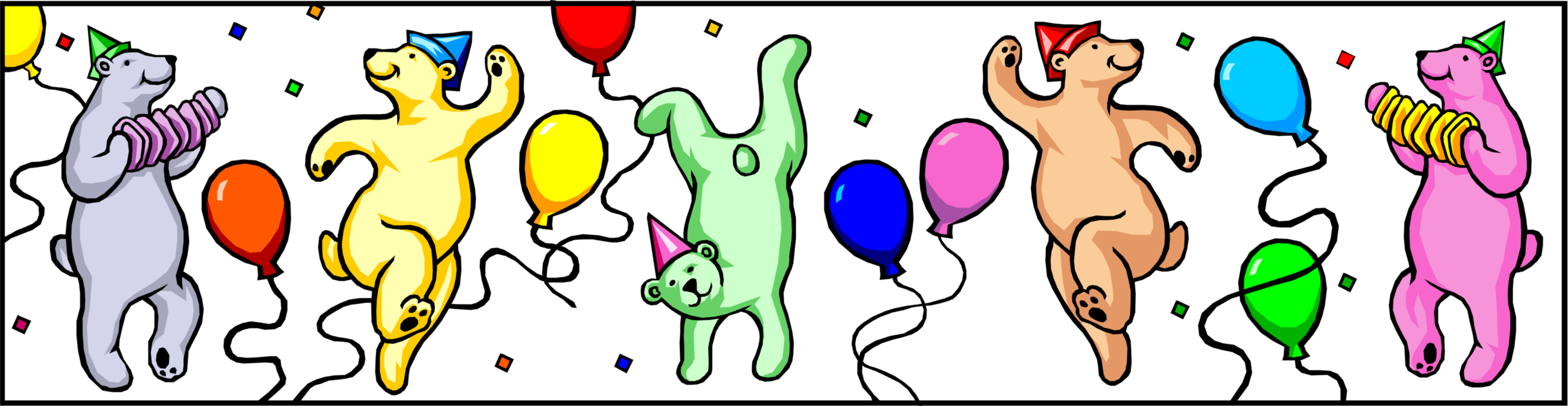 Vector Illustration of Dancing Bears with Party Hats and Balloons Border