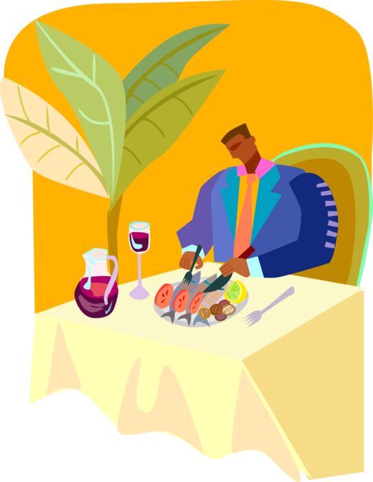 Vector Illustration of Fine Dining Alone in Restaurant with Fish Dinner and Wine