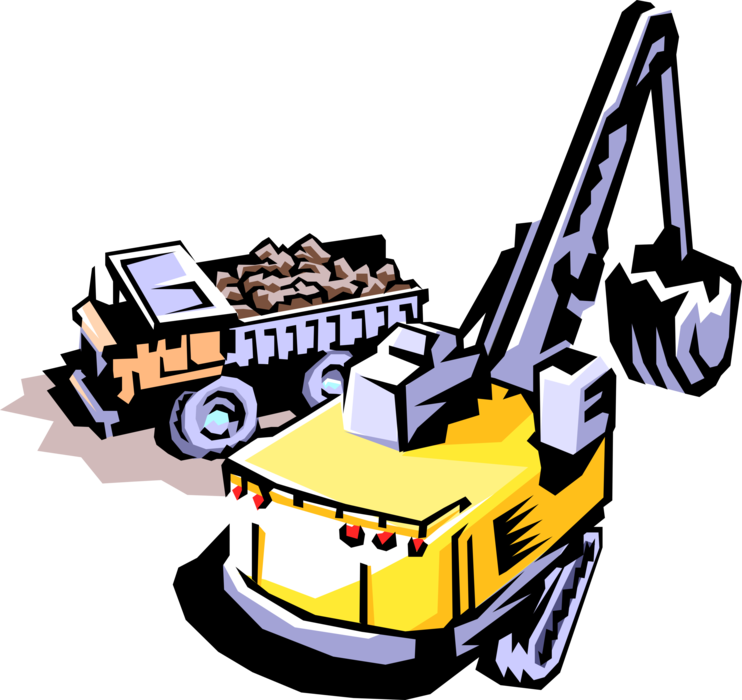 Vector Illustration of Construction Industry Heavy Machinery Equipment Construction Industry Excavator Front End Loader and Dump Truck