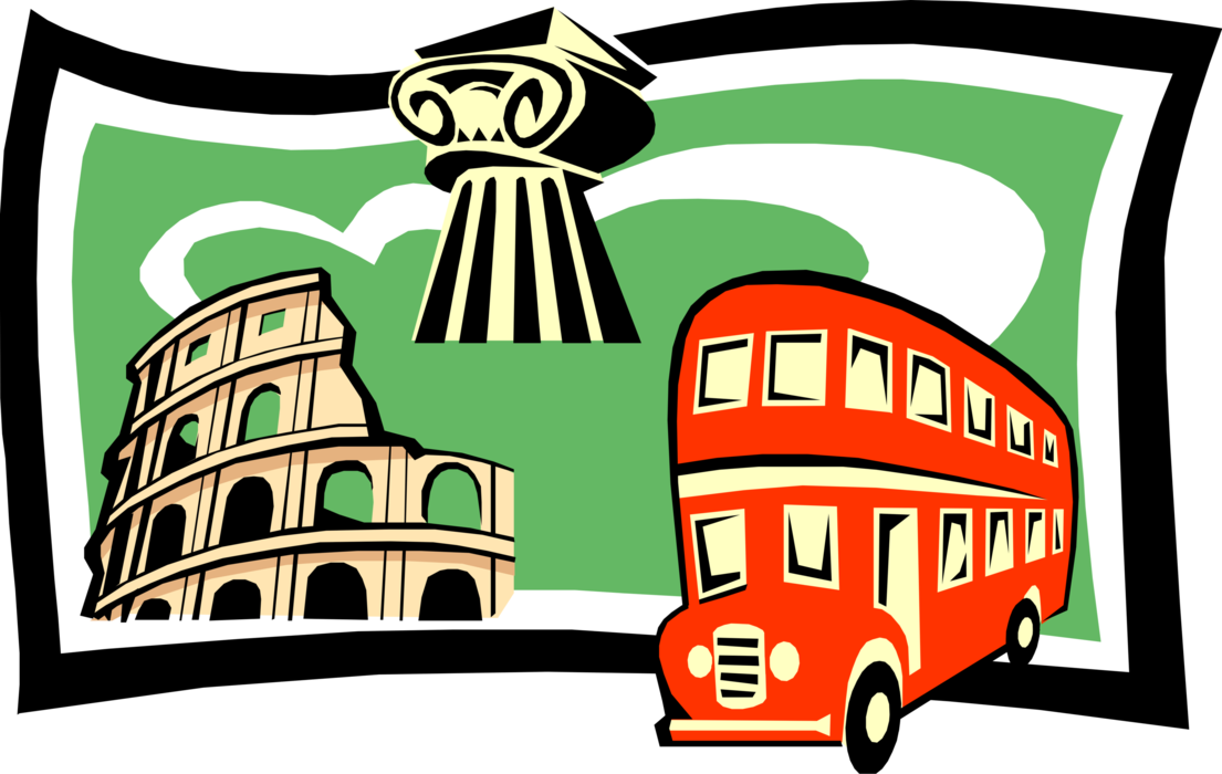 Vector Illustration of European Tourism and Sightseeing with Forum in Rome and Double-Decker Bus