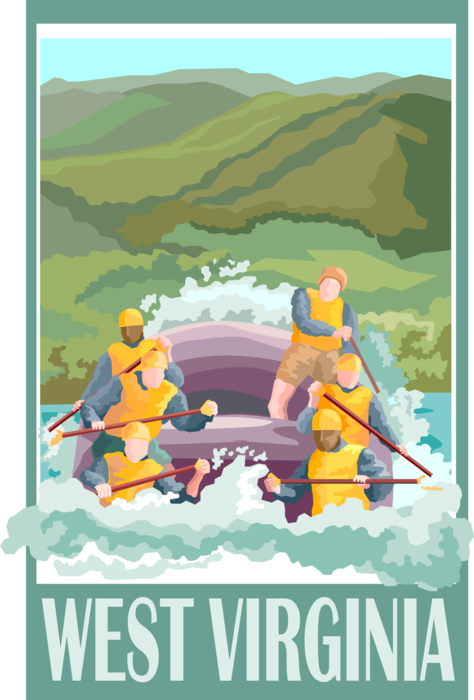 Vector Illustration of State of West Virginia Postcard Design with Whitewater Rafting