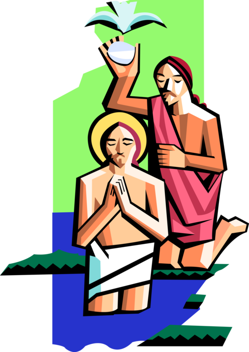 Vector Illustration of Jesus Christ is Baptized in River Jordan with St. John the Baptist