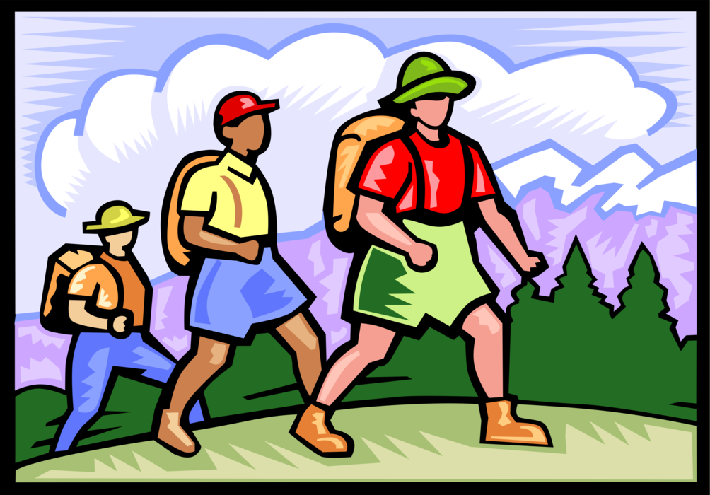 Vector Illustration of Hikers with Backpacks Hiking in Wilderness Mountain Terrain