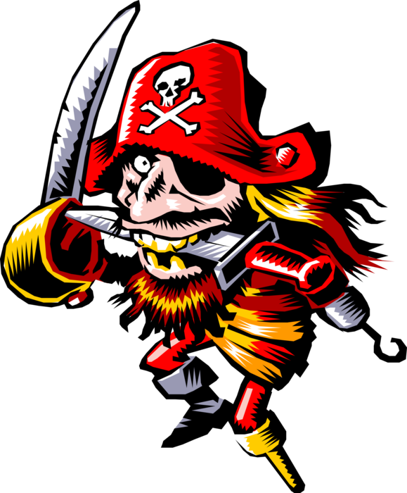 Vector Illustration of Buccaneer Pirate Wields Cutlass Sword and Says "Avast, Ye Mateys!"