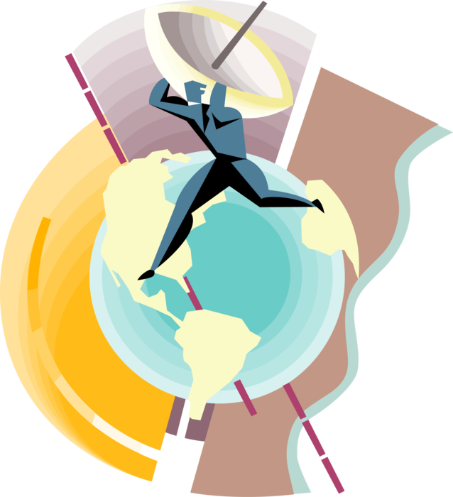 Vector Illustration of Man Holds Satellite Dish Parabolic Antenna with Planet Earth Globe
