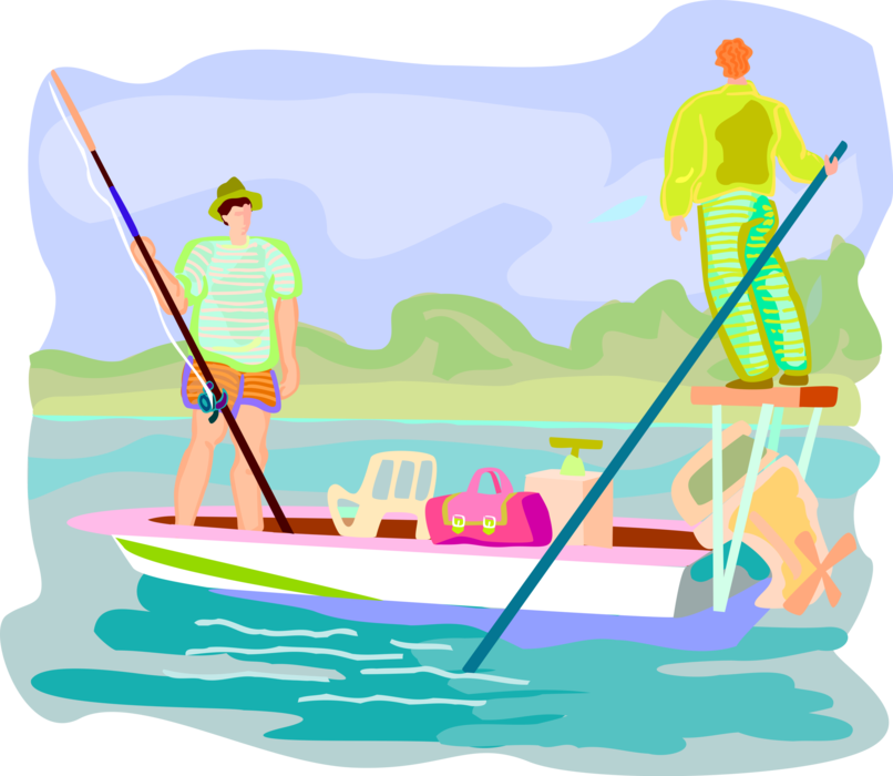 Vector Illustration of Sport Fisherman Angler Fishing in Shallow Water from Boat