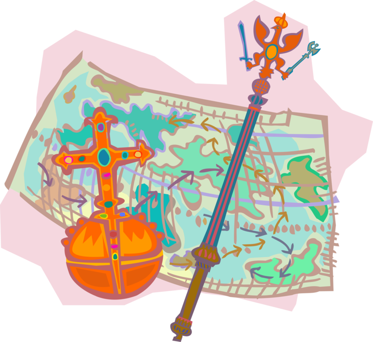 Vector Illustration of Exploration and Discovery Map with Royal Orb and Sceptre