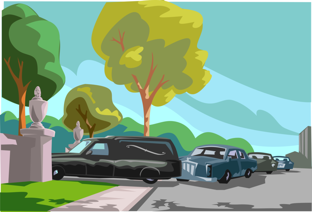 Vector Illustration of Funeral Procession Hearse and Motor Vehicles Arrive at Cemetery