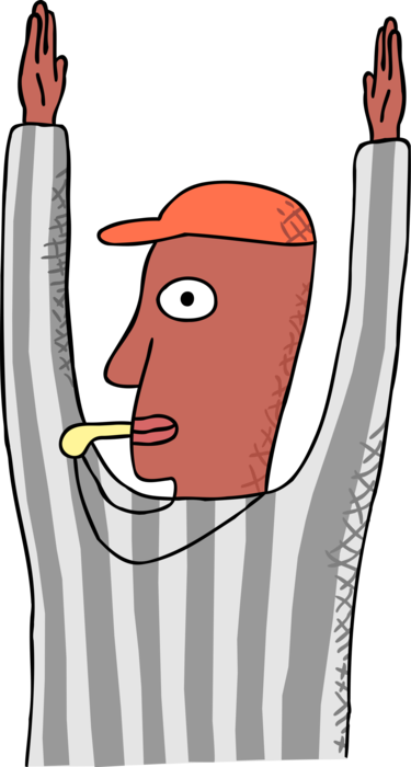 Vector Illustration of Football Referee Blows Whistle and Signals Touchdown