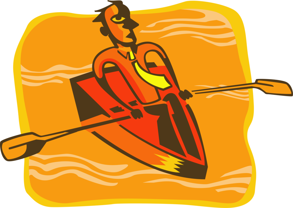 Vector Illustration of Businessman Goes It Alone Rowing with Oars in Boat