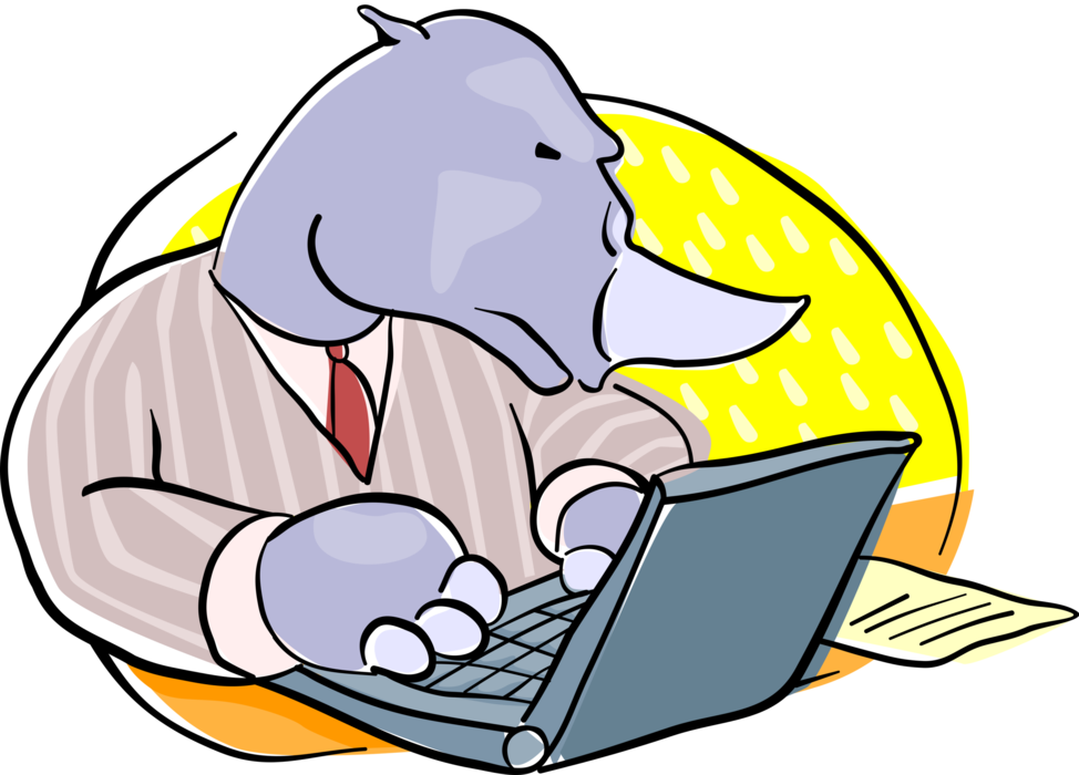 Vector Illustration of Business African Rhinoceros Working at His Notebook Computer