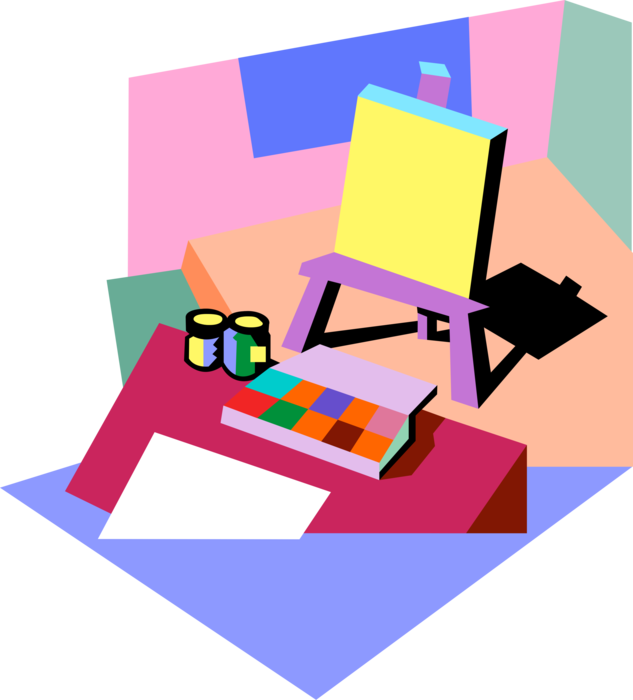 Vector Illustration of School Classroom Art Class with Paints and Easel