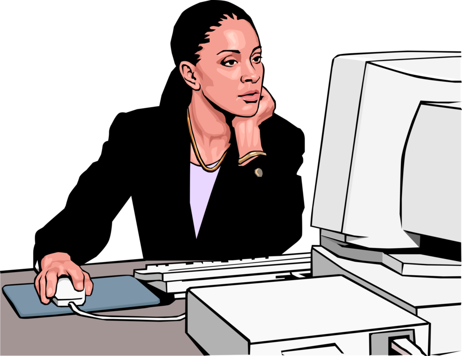 Vector Illustration of Businesswoman with Mouse Pointer Searches the Internet