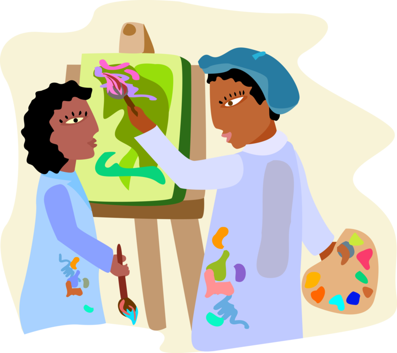 Vector Illustration of School Art Class, Art Teacher Instructing Student at Easel