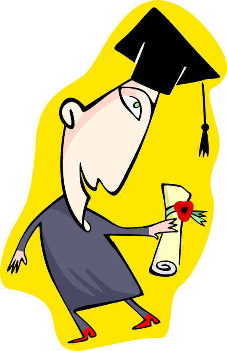 Vector Illustration of College Graduate in Mortarboard Cap and Gown Holds Education Diploma