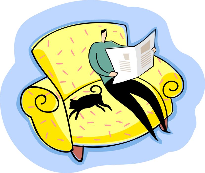 Vector Illustration of Relaxing on Sofa Reading the Newspaper with Cat