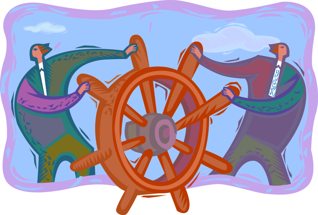 Vector Illustration of Businessmen Steering Ship's Helm Wheel or Boat's Wheel to Change Course