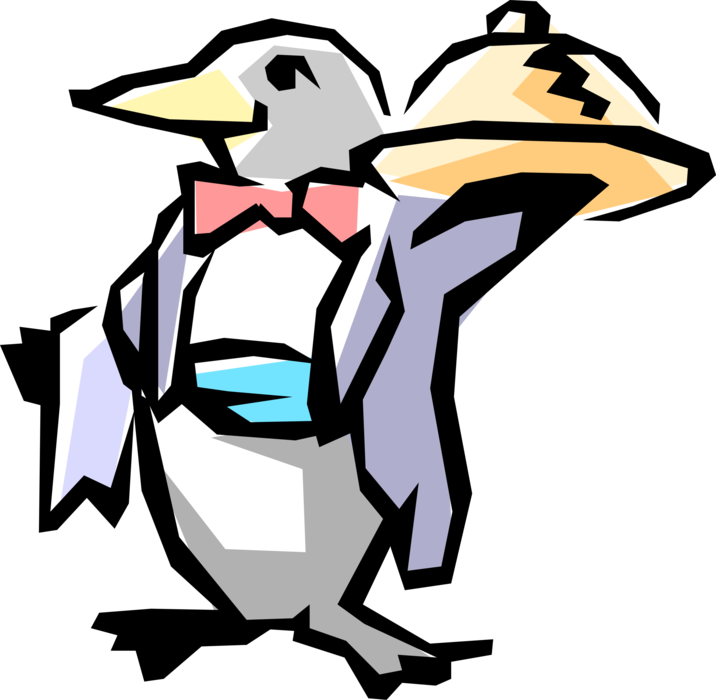 Vector Illustration of Penguin Waiter Serves Dining Guests