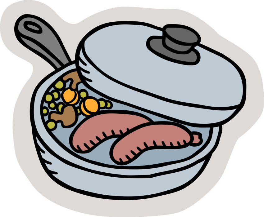 Vector Illustration of Frying Pan or Skillet with Dinner Sausages and Vegetables Cooking