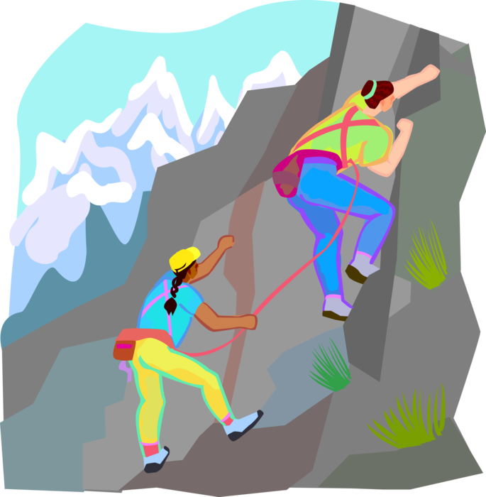 Vector Illustration of Rock Climbers Climbing Rock Face with Mountains in Distance