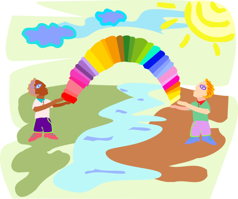 Vector Illustration of Human Figures Holding Rainbow that Bridges Divide