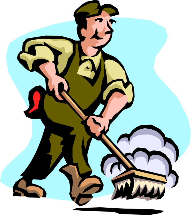Vector Illustration of Building Custodian Janitor Cleans Up by Sweeping with Broom