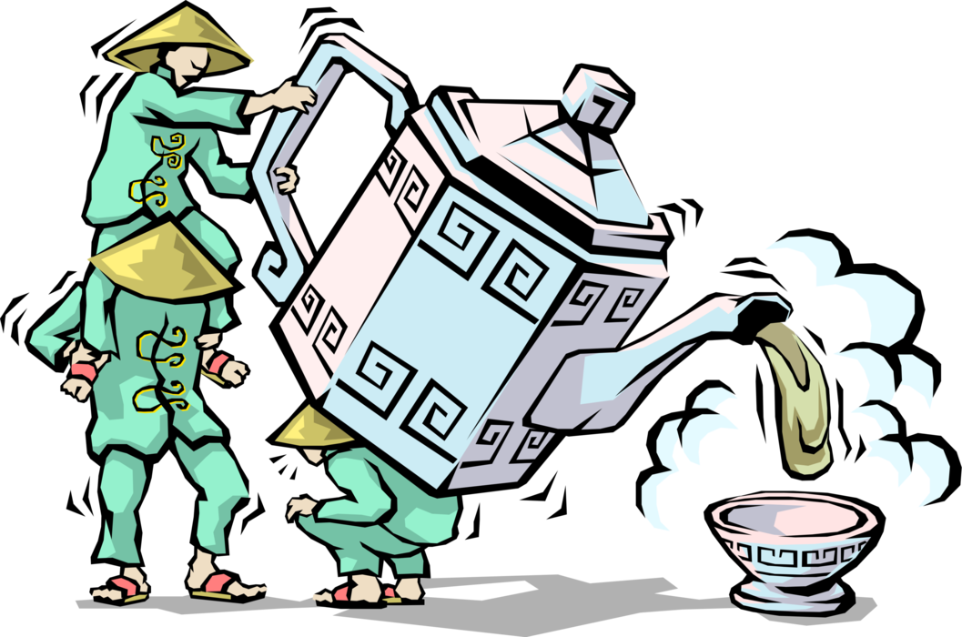 Vector Illustration of Chinese Restaurant Waiters Deliver Hot Green Tea with Teapot