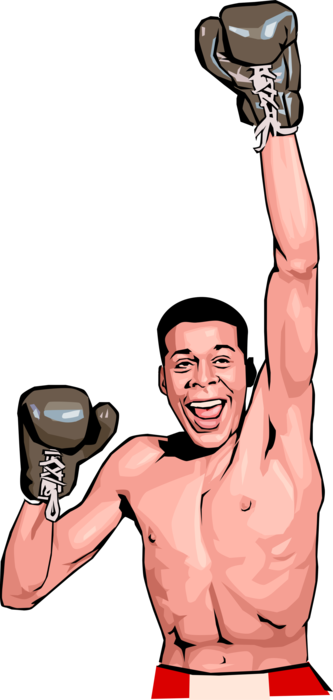 Vector Illustration of Prize Fighter Boxer Celebrating Victory in Pugilistic Fight Competition